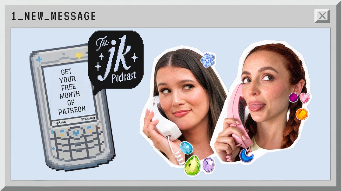 A retro computer window titled 1 New Message, with a pixel flip phone reading Get your free month of Patreon, next to Jessi and Kathleen on the phone